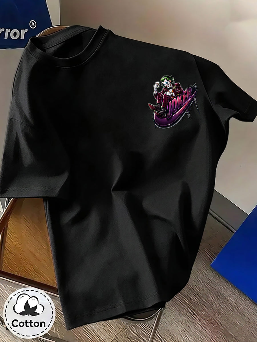 Warner Bros. Official Unisex Summer Loose-Fit Crew Neck Short-Sleeve T-Shirt, Suitable for Daily Commutes, Street Outings, City Trips, and Friend Gatherings. Features a Large Burgundy Suit-wearing Joker Sitting on Purple Graffiti Sneakers - Black