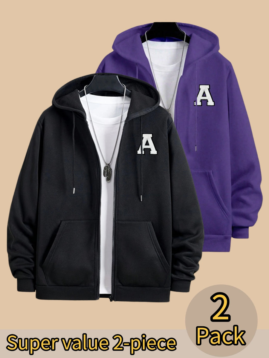 50% Cotton, 50% Polyester, 2-Pack Men's Zippered Hooded Fleece-Lined Sweatshirt, Men's Clothing, Long-Sleeve Fleece Jacket, Zippered Top, Hooded Sweatshirt, Pockets, Drawstring, Suitable for Outings, Casual Wear, Back-to-School Season - Black+Purple