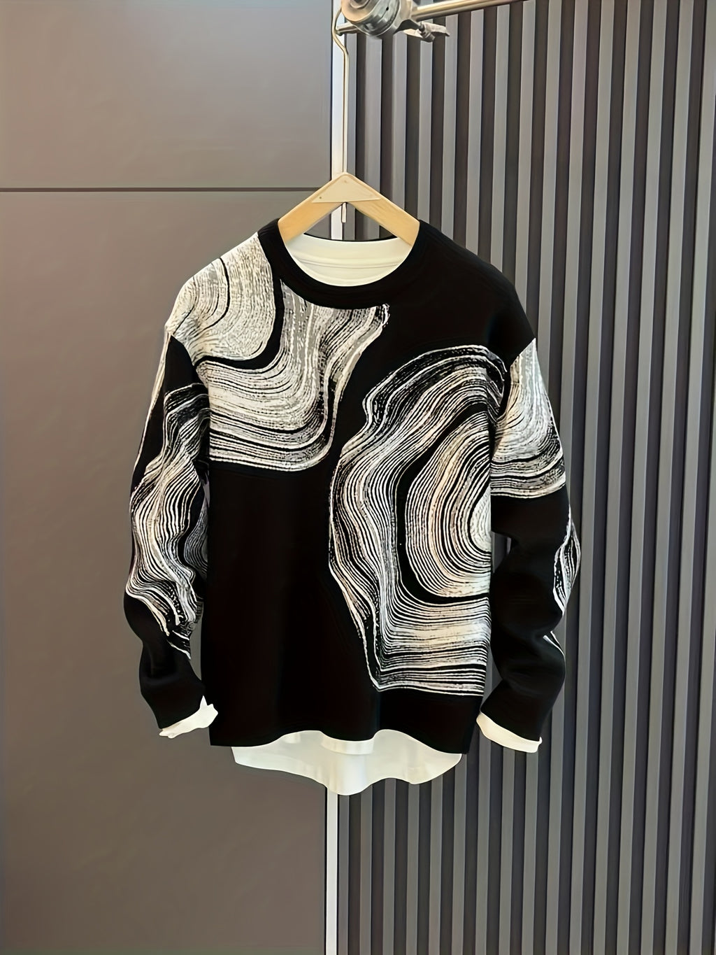 Temujin OBM Men's Fashion Trendy New Creative Jacquard Round Neck Knit Long Sleeve Pullover Sweater - Black