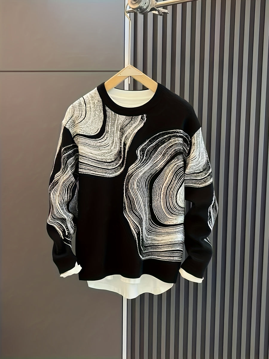 Temujin OBM Men's Fashion Trendy New Creative Jacquard Round Neck Knit Long Sleeve Pullover Sweater - Black
