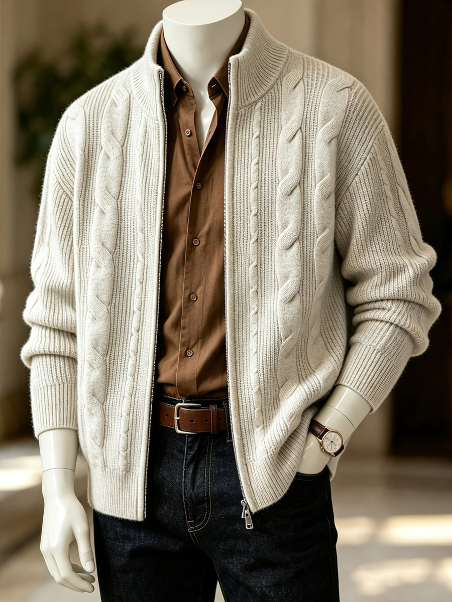 Men'S Light Luxury Old Money Style Casual Stand-Collar Sweater with Zipper, Fall/Winter Versatile Jacket - Oat