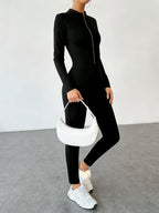 Lightweight Style Stand-up Collar Front Zipper Long-sleeve Body-hugging Fit for Women, Firm Shaping and -lifting, Solid Color Stretch Jumpsuit - Black