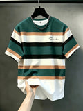 Men's Casual Crew Neck T-Shirt with Vertical Striped Contrast Color - Breathable Regular Fit Suitable for Daily & Formal Wear, All-Season, Durable Machine-Washable Fabric, Sporty Style for Teens & Adults, Gift for Outdoor Activities - Dark Green