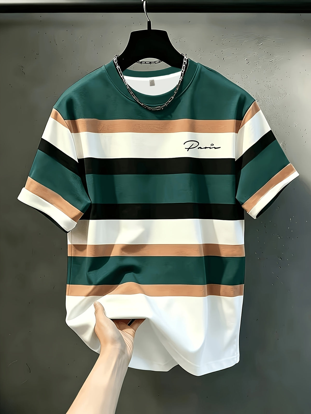 Men's Casual Crew Neck T-Shirt with Vertical Striped Contrast Color - Breathable Regular Fit Suitable for Daily & Formal Wear, All-Season, Durable Machine-Washable Fabric, Sporty Style for Teens & Adults, Gift for Outdoor Activities - Dark Green