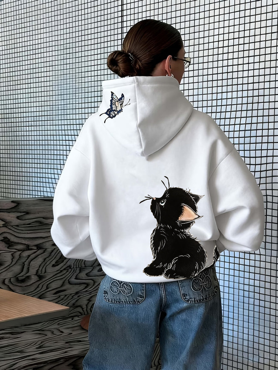 Fun 1pc Hooded Sweatshirt with Hand-Drawn Cute Little Black Cat Illustration Featuring a Butterfly, Pet Element, and Adorable Style Apparel Print - White
