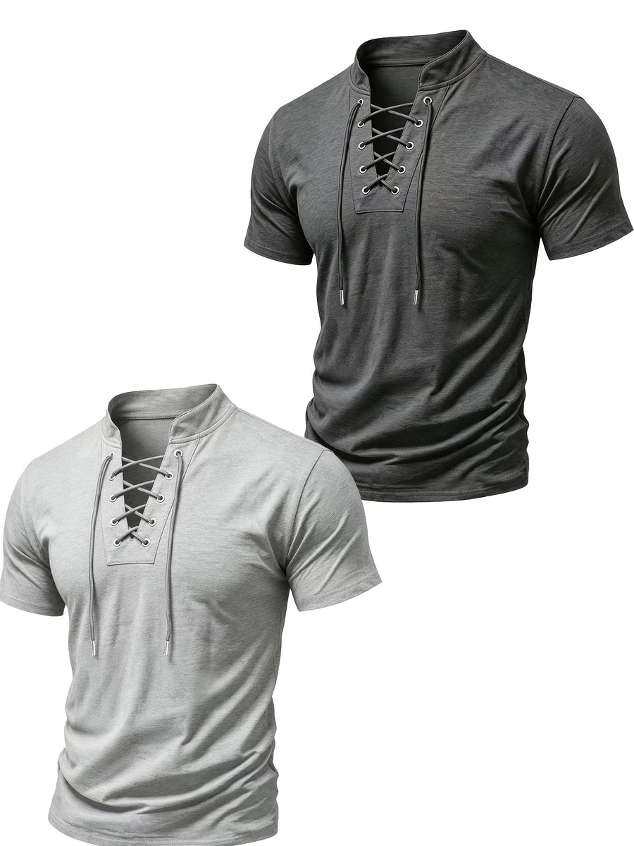 2026 New Men'S Casual Small Lapel Solid Color Short Sleeve, 2pcs Set - Dark gray plus light gray
