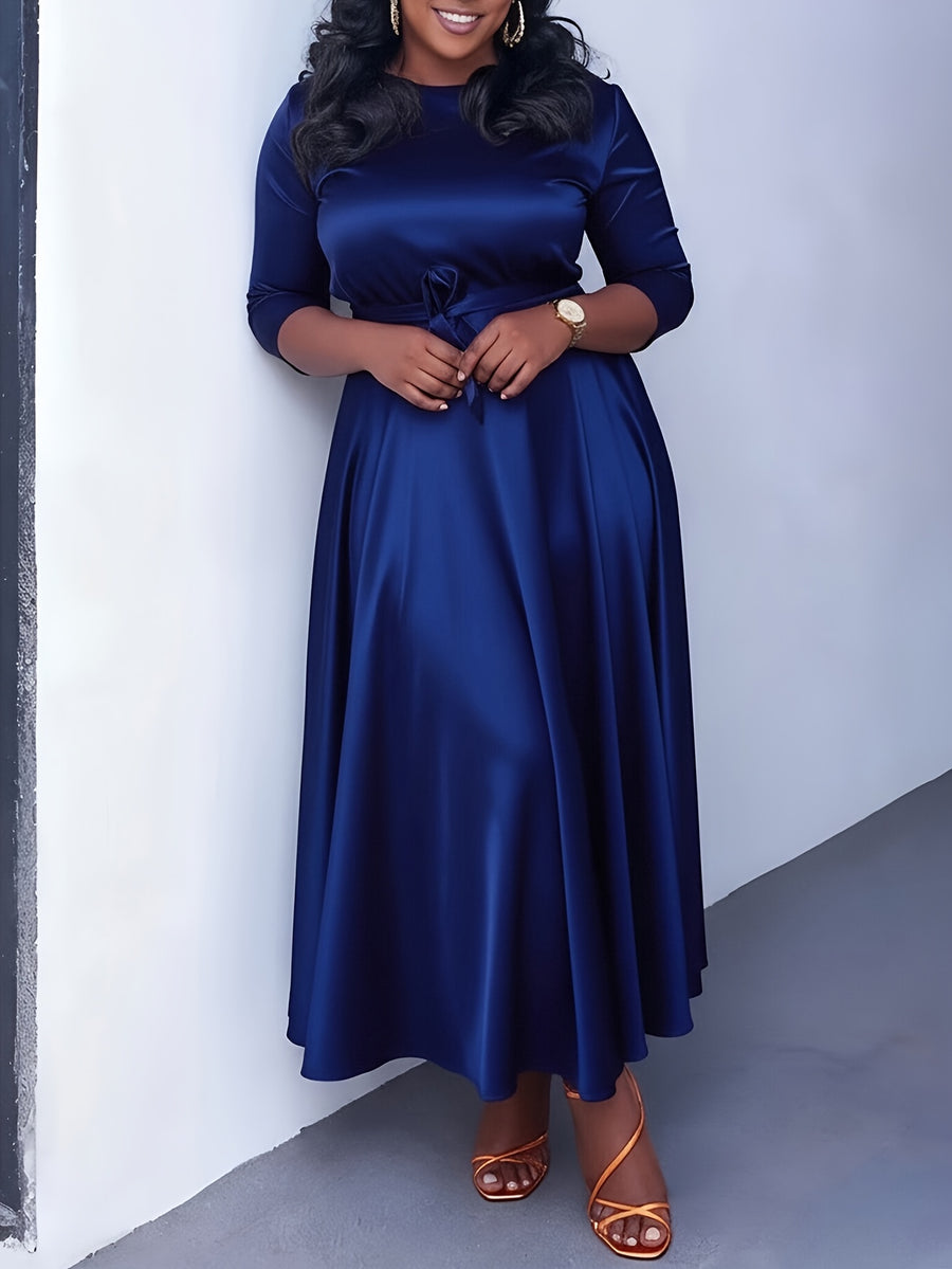 Western Fashion Temperament Solid Round Neck Tie-Up Three-Quarter Sleeve Dress - Navy Color