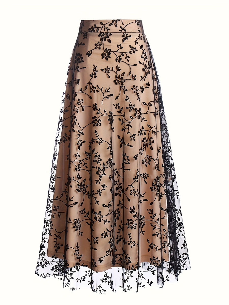 New High-Waisted Mesh Skirt with Loose Floral Embroidery A-Line for Women - Apricot