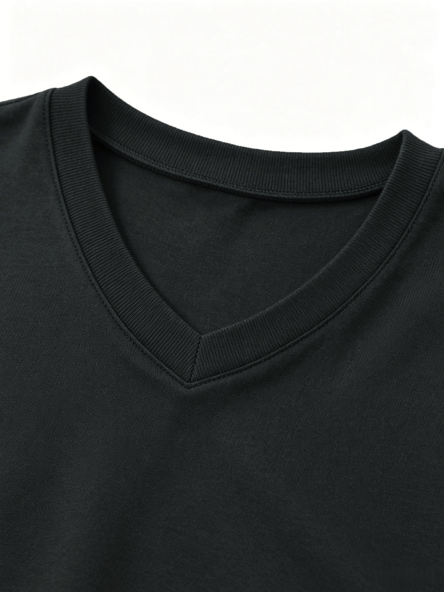 100% Men's V-neck Long-sleeve T-shirt, Men's Knitted Sweatshirt, Casual Sportswear Outdoor Top - Dark Gray