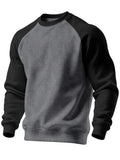 Men's New Autumn/Winter Casual Fitness Sports Thickened Crew Neck Raglan Sleeve Basic Long Sleeve Fashion Sweatshirt, 250g Brushed Fabric - Dark Gray + Black