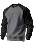 Men's New Autumn/Winter Casual Fitness Sports Thickened Crew Neck Raglan Sleeve Basic Long Sleeve Fashion Sweatshirt, 250g Brushed Fabric - Dark Gray + Black