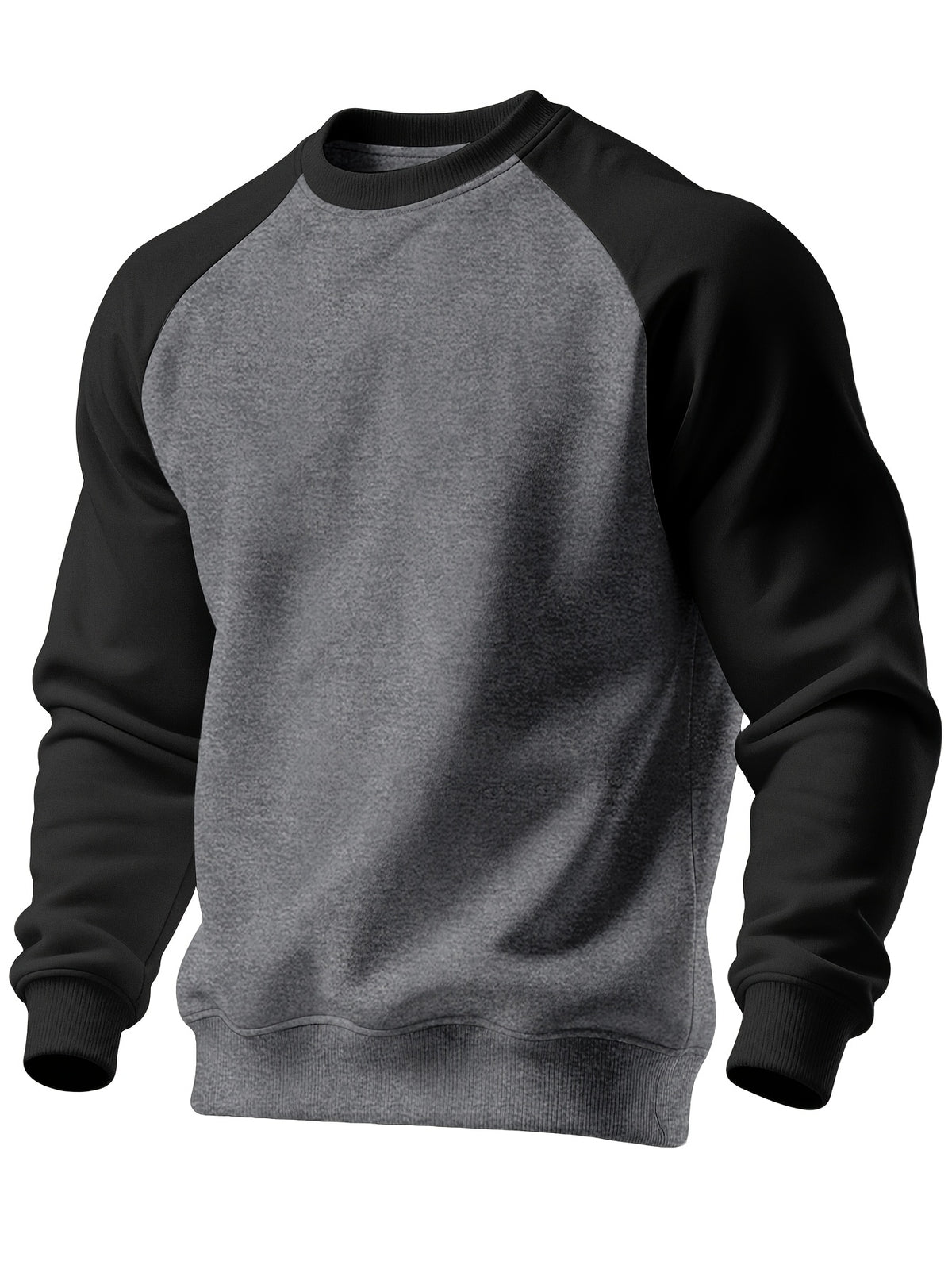 Men's New Autumn/Winter Casual Fitness Sports Thickened Crew Neck Raglan Sleeve Basic Long Sleeve Fashion Sweatshirt, 250g Brushed Fabric - Dark Gray + Black