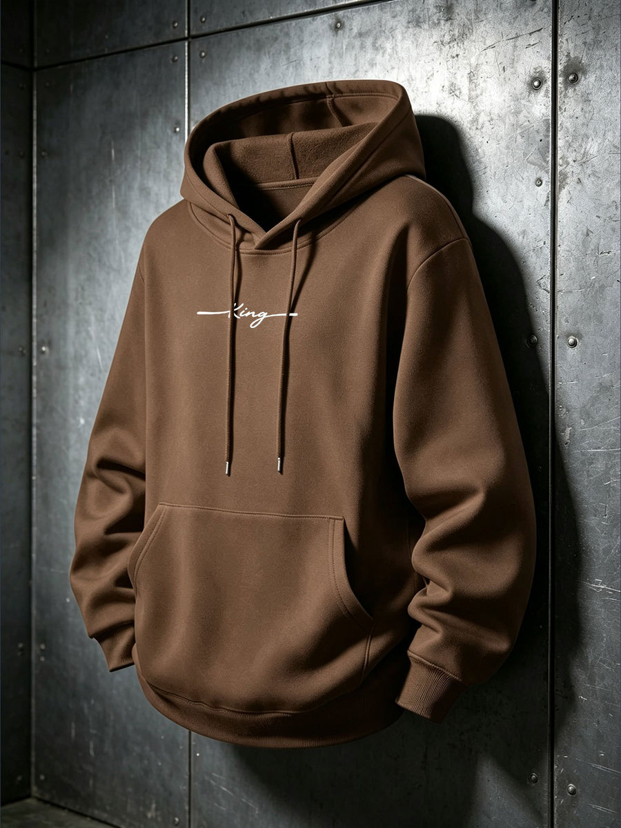American High Street Handwritten Signature Hooded Sweatshirt for Men, Trendy Casual Pullover Top, Versatile Daily Wear, Slimming Long Sleeve Commuter Hoodie - Coffee Color