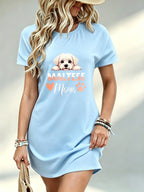 [Printed Design - Not Textured] Casual, Women Dress, Maltese Mama Dog Graphic, Summer Beach Vacation, Gift for Dog Lovers, 100% Polyester - Sky Blue