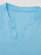 Men'S Summer Solid Short Sleeve T-Shirt, Button-Up V-Neck Casual Top, Soft And Comfortable Linen Fabric, Suitable for Daily Home And Outdoor Wear - Sky Blue