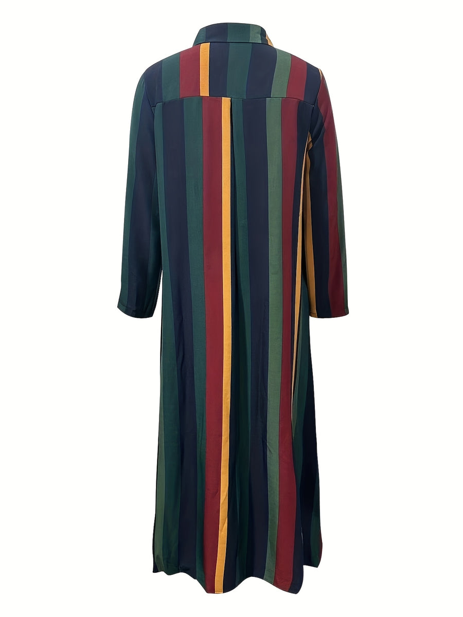 Elegant Colorful Striped Button-Up Maxi Dress for Women - Polyester, Machine Washable, Non-Stretch Fabric - Mixed colors