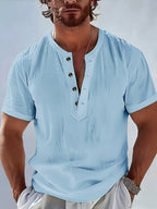 Men'S Stylish Polo Collar Linen Breathable Comfortable Casual Short-Sleeve Shirt - Sky Blue