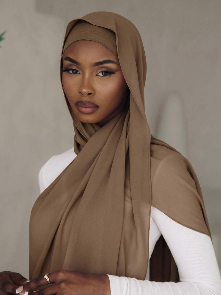2pcs/Set Includes One Solid-Color Chiffon Headscarf And One Tube-Style Under-Cap. Made from High-Quality, Durable Chiffon, The Set Is Smooth, Comfortable, And Breathable. Suitable for Daily Wear, Commuting, And Eid Prayers; Perfect for All Seasons - Khaki