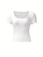 4pcs Set U-Neck Short-Sleeved T-Shirt Women'S Summer New Solid Color Slim Short All-Match Top - White+Black+Dark Gray+Brown