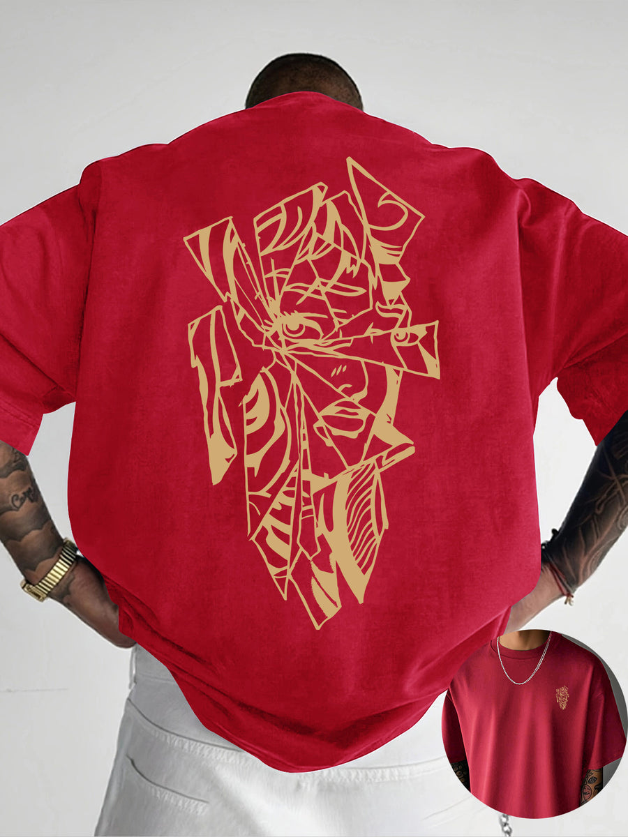 Creative Front and Back Printed Graphic Crew Neck T-shirt, Pure Cotton Summer Trendy Fashion Short Sleeve, Casual Daily Style Top, Essential for Outings and Leisure, an Excellent Gift Choice - Red