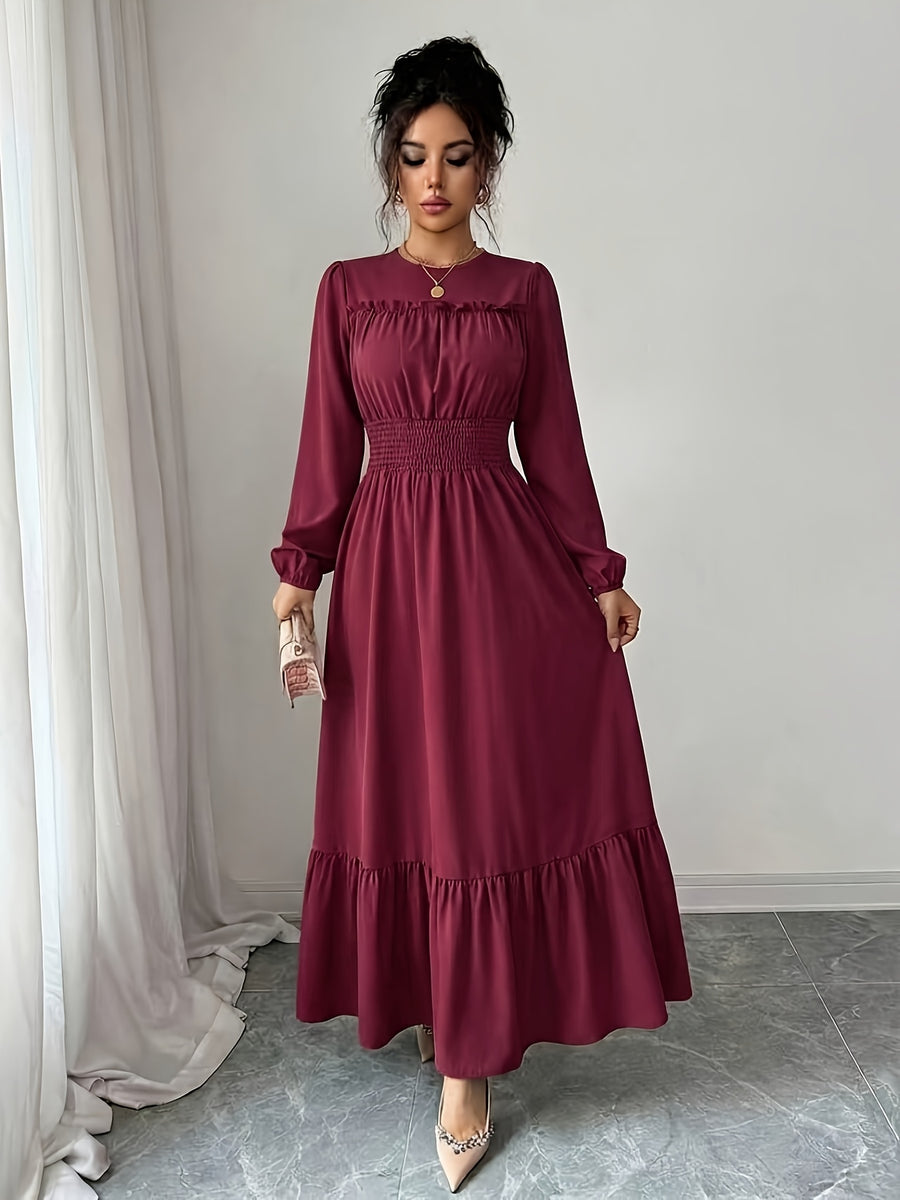 Women's Round Neck Ruffle Bubble Long Sleeve Stretch Elastic Waist Flowy Dress, Solid Color Layered Long Skirt with Tiered Ruffle Hem for a Flowing Drape. Suitable for Daily Outings, Beach Trips, Weekend Getaways, and Casual Dates - Deep Red