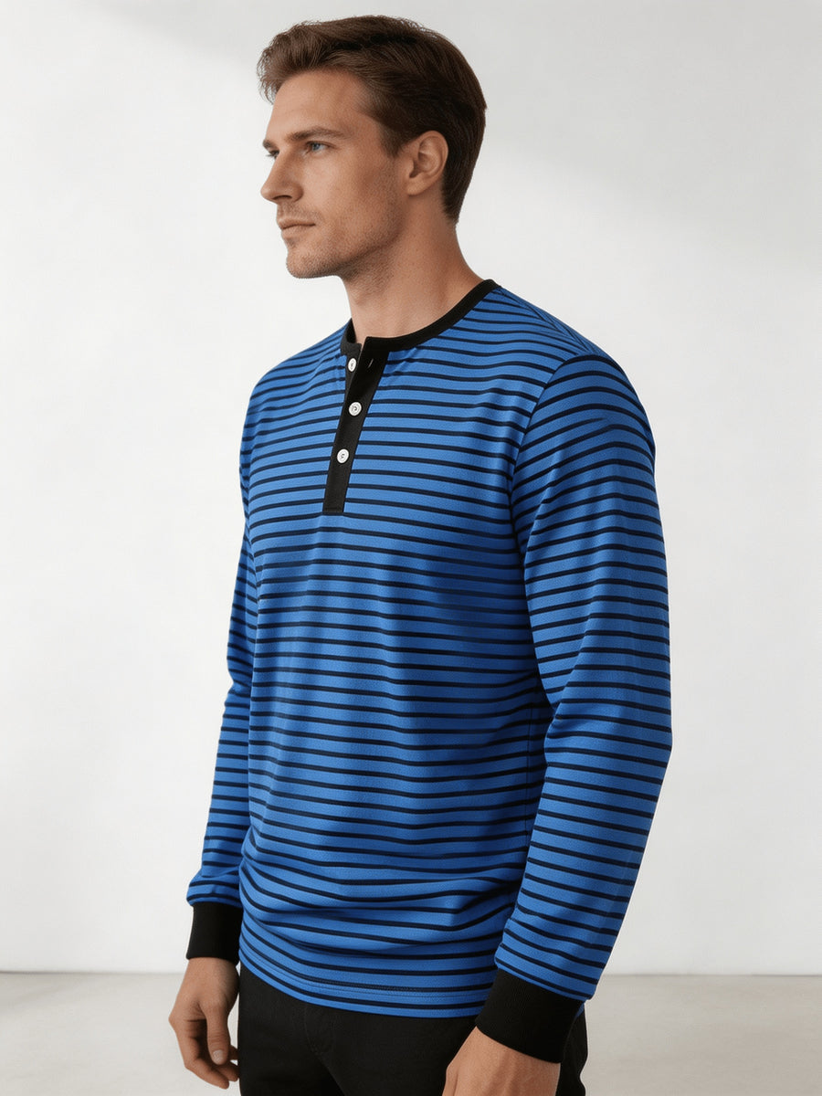 Men'S Round Neck Long Sleeve Henley Shirt, Classic Striped Button-Front Top, Ribbed Cuffs And Hem Breathable Soft Knit Pullover, Men'S Autumn Casual Shirt - Royal Blue