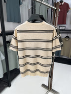 Men's Lightweight Breathable Knit Button-Up Shirt - Old Money Style Striped Half-Placket Stand Collar Short Sleeve Tunic Pullover, Suitable for Business Casual, Layering Base Layer for Spring Summer Outdoor Golf, Running, Daily Wear - Khaki