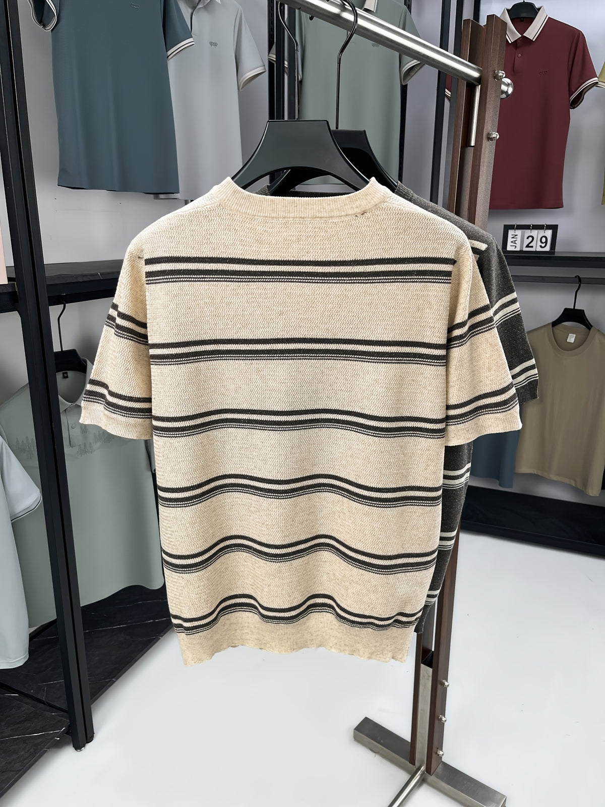 Men's Lightweight Breathable Knit Button-Up Shirt - Old Money Style Striped Half-Placket Stand Collar Short Sleeve Tunic Pullover, Suitable for Business Casual, Layering Base Layer for Spring Summer Outdoor Golf, Running, Daily Wear - Khaki