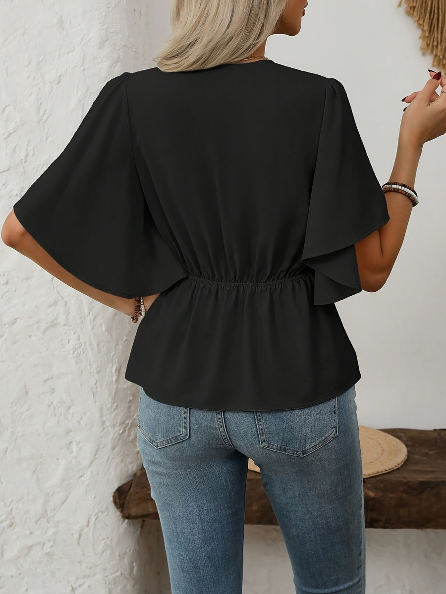 Women's Spring Summer French-Style Elegant Commuter Casual Vacation Solid Color V-Neck Button Decor Puffy Flared Sleeve Waist-Cinching A-Line Shirt - Black
