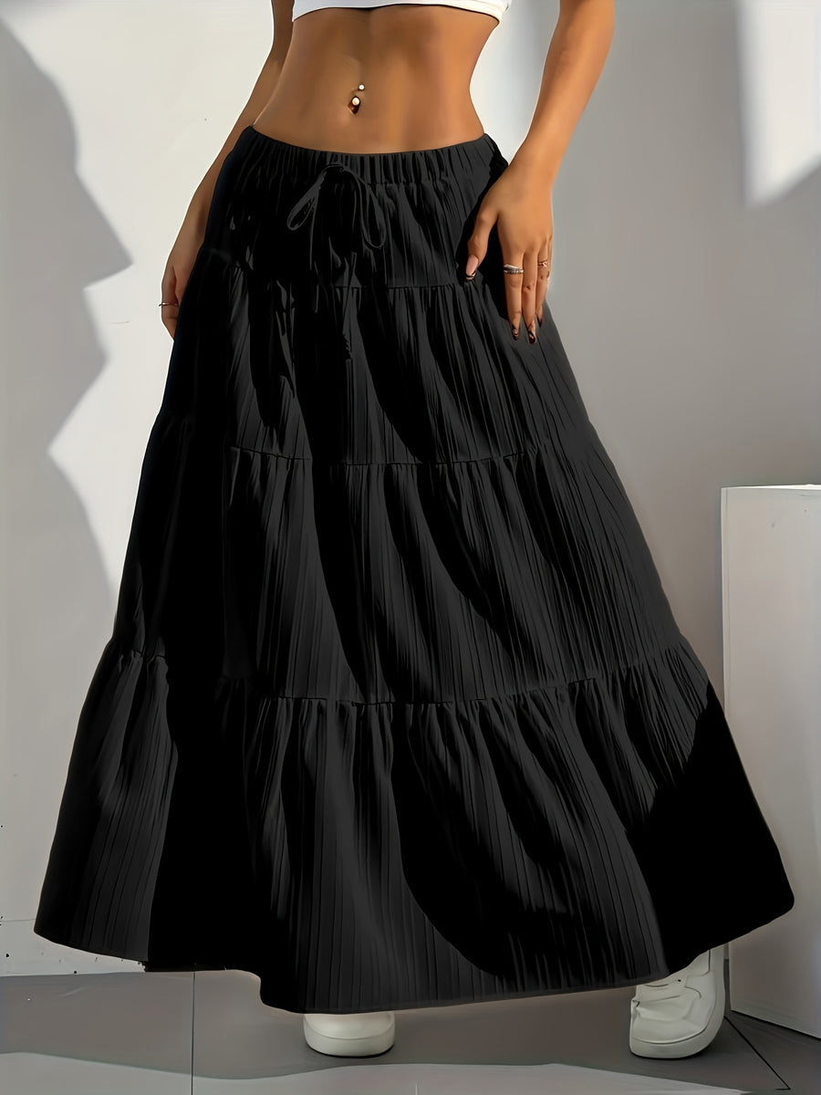 Elegant Style 2025 Western Cross-Border Women'S New Solid Color Half Skirt with Tie-Back Flared Skirt Loose Half Skirt Women - Black