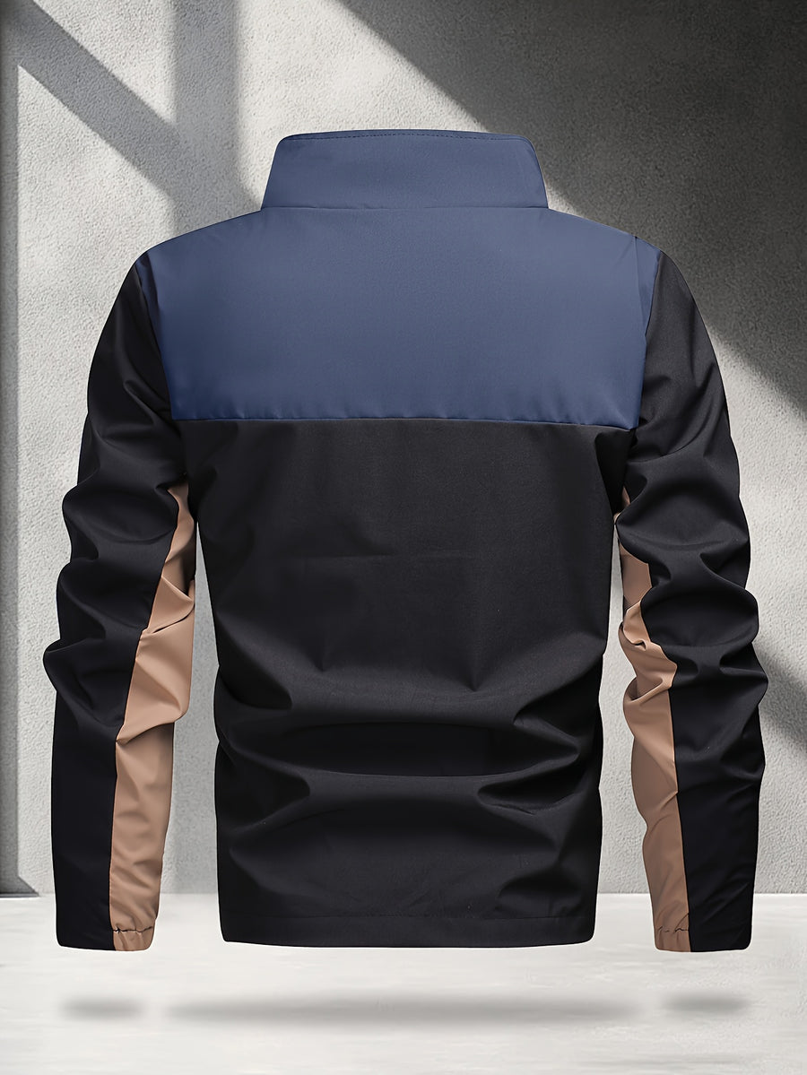 Men's Outdoor Performance Jacket, Lightweight, Quick-Drying, Color Block, Fashionable Contrast Color Design, Color-Block Soft Shell Jacket - Deep Blue