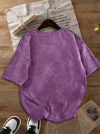 Women's Retro-style Drop-shoulder Loose-fitting Solid Color Pure Washed T-shirt, Fashionable and Casual Short-sleeved Top, Suitable for Everyday Casual Wear, Street Style. - Purple