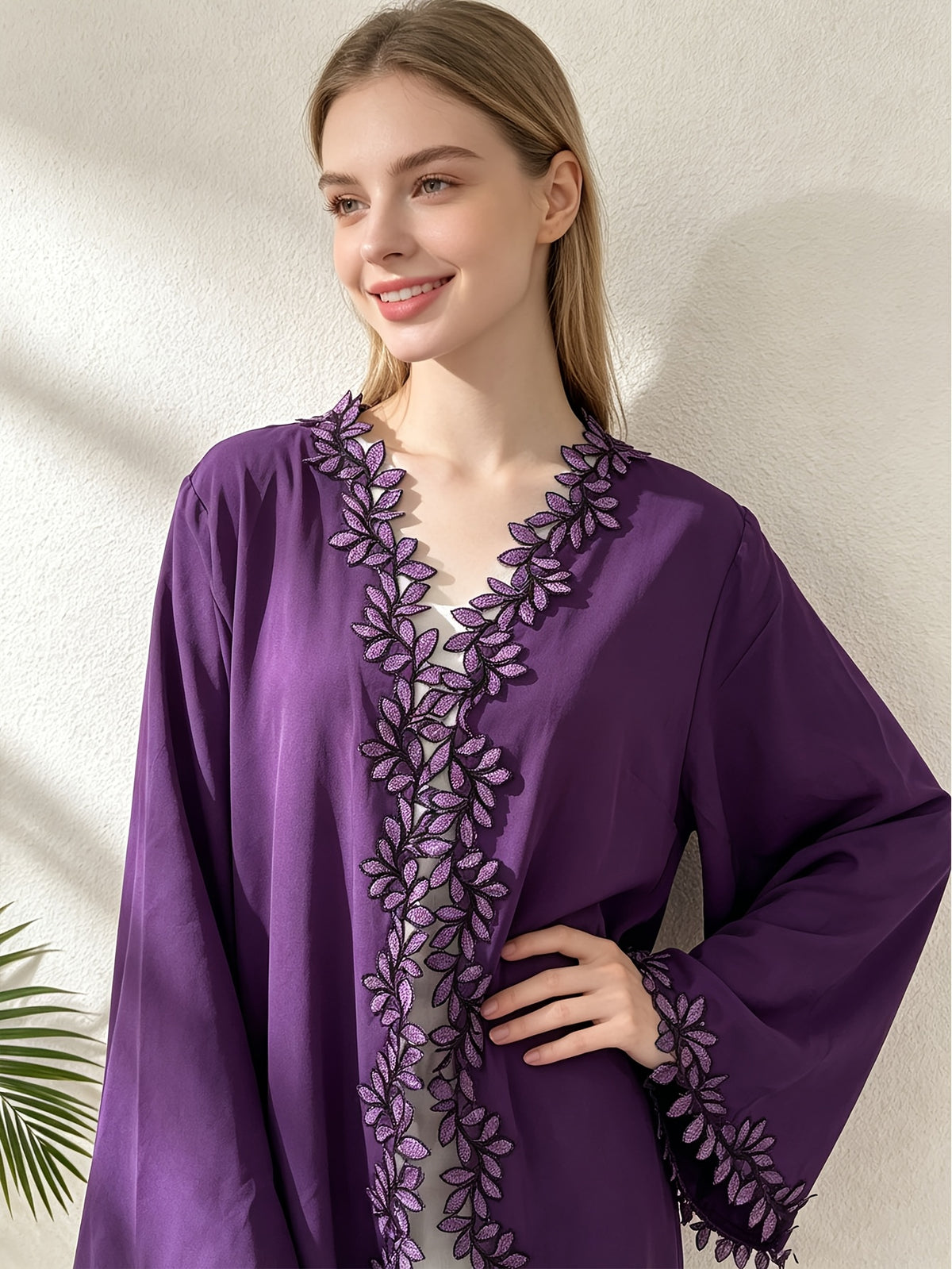 1pc Muslim Women's Arabic Robe - Elegant Middle Eastern Abaya Cardigan with 3 Floral Embroidery, Batwing Sleeves & Front Placket, Loose -Line Batwing Suitable for, Wedding Guest,, Daily Wear - Purple