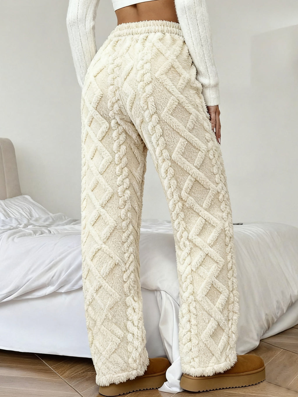 Women's Winter -Lined Casual Pants, Jacquard Fabric, Drawstring Waist, Suitable for Winter Home and Outdoor Wear - Off-white