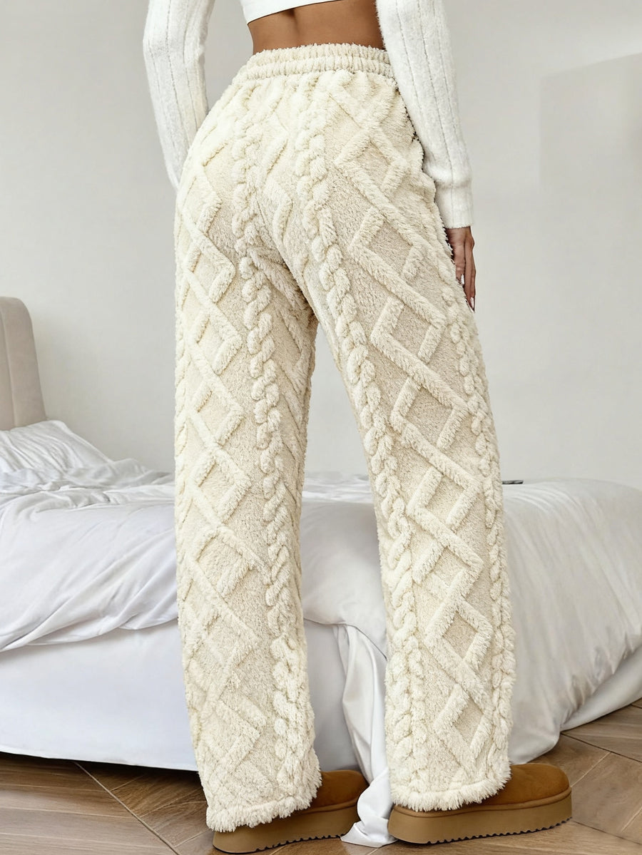Women's Winter -Lined Casual Pants, Jacquard Fabric, Drawstring Waist, Suitable for Winter Home and Outdoor Wear - Off-white