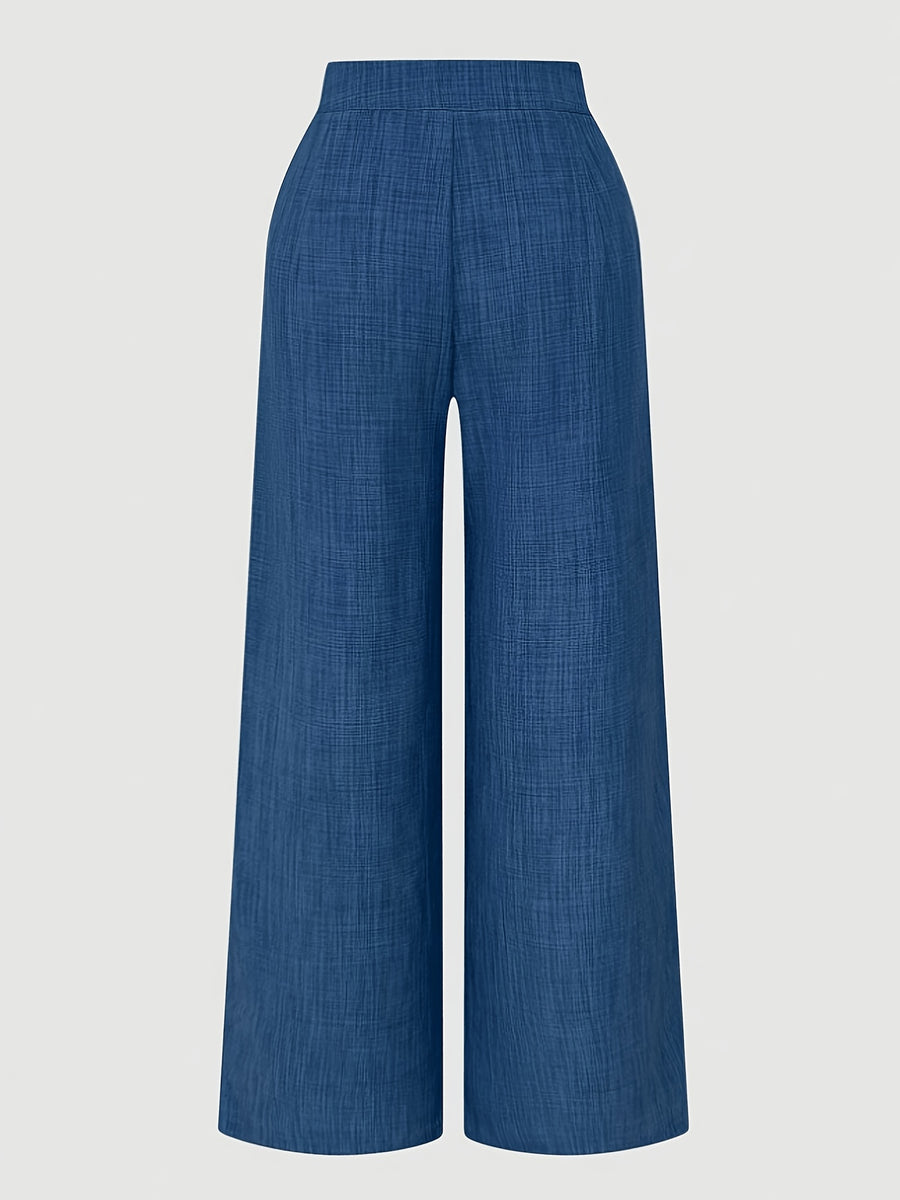 [Printed Pants - Not Faux Denim Fabric]Ladies Can Elegantly Wear Wide-Leg Pants for Commuting And Daily, Featuring a Popular Faux Denim Fabric in a Western Style. The Overlapping Two-In-One Design Includes an Exaggerated Metal Buckle at The Waist An - Blue