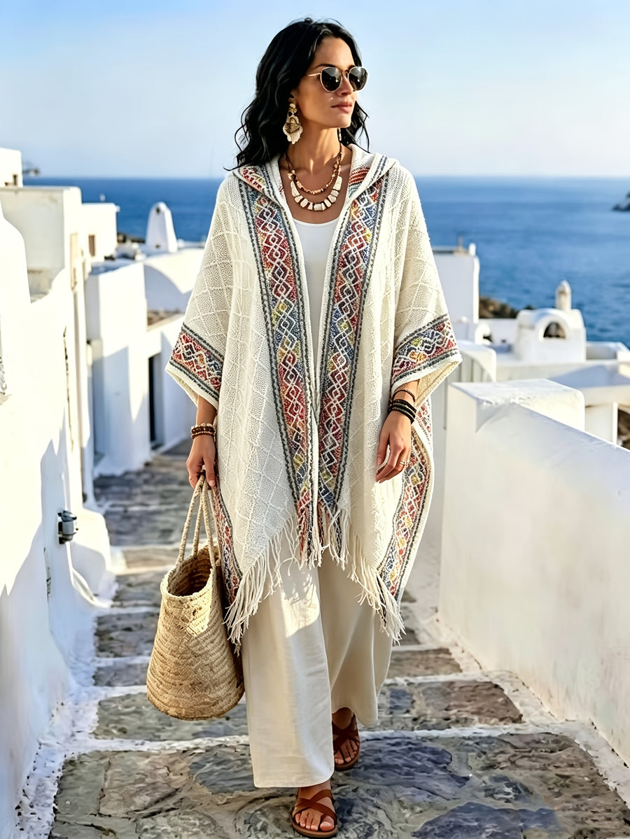 Plus Size, Women' Plus Size Bohemian -Neck Hooded Poncho Cardigan with Shawl Wrap Scarf - Oversized Open Front Coat, Fringe Detailing Suitable for Beach Cover Up, Casual Vacation Coat, Loose Cardigan for - Wear - White