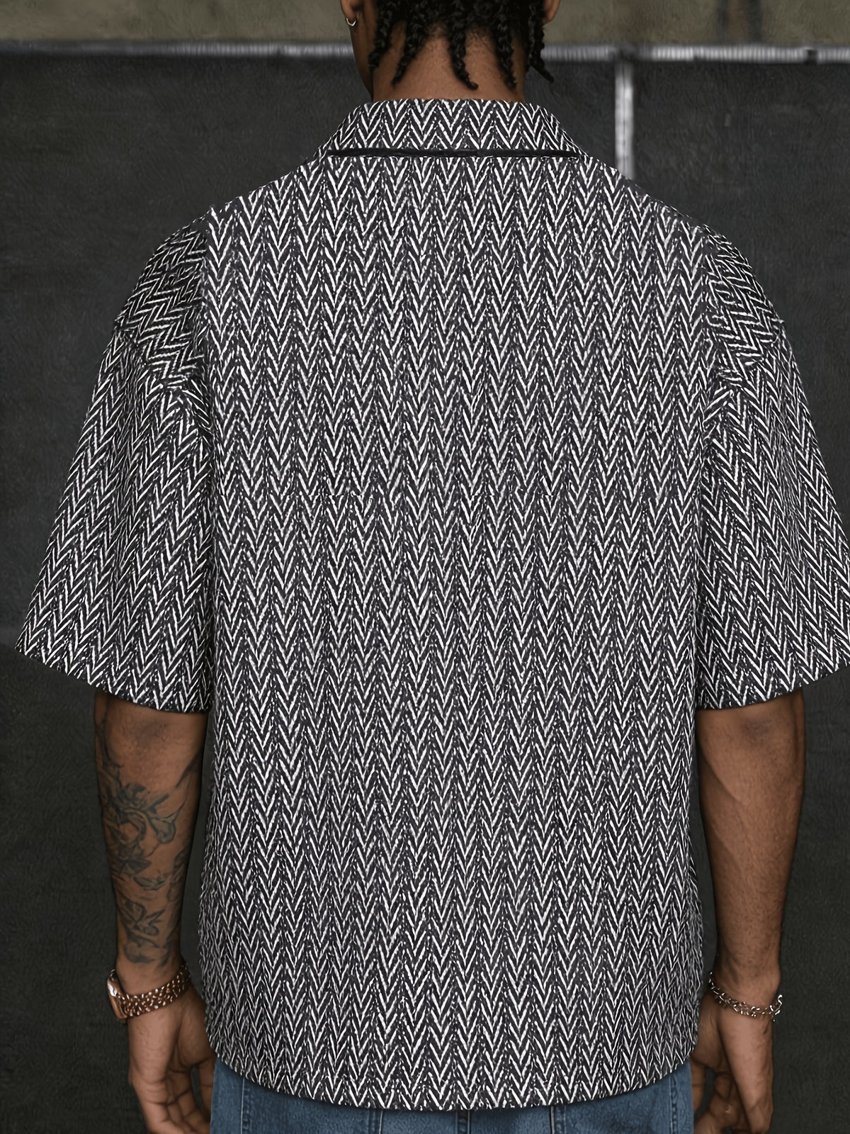 Bohemian Style Men'S Short Sleeve Shirt, Thick Needle Jacquard Geometric Print, Loose Lapel Casual Top Jacket, Summer Breathable - Black