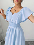 Solid Color Dress Puff Sleeve Ruched Waist Notch Neck Short Sleeve Suitable for Banquets, Parties, Vacations, Weddings, Women'S Bridesmaid Dress - Light Blue