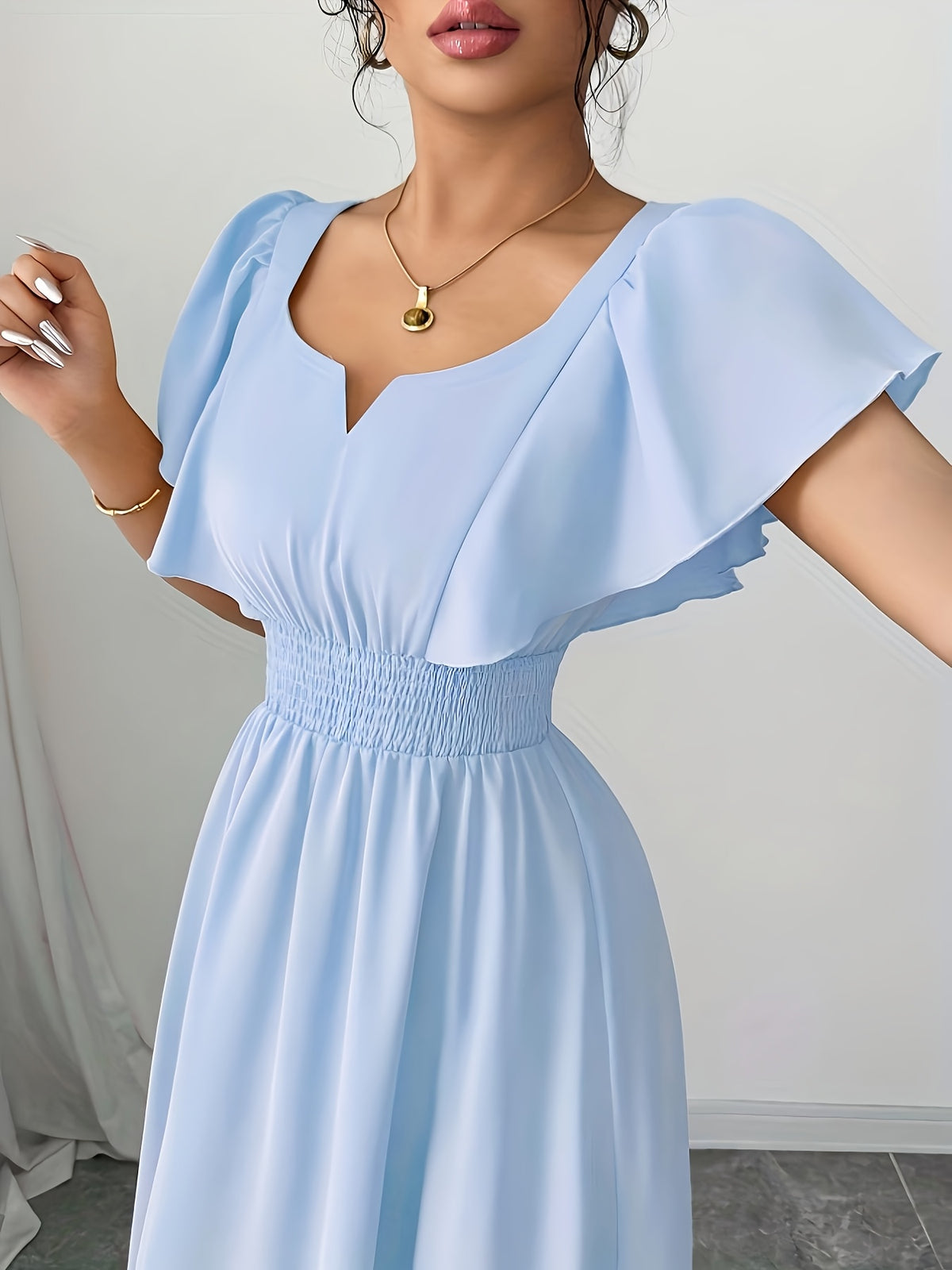 Solid Color Dress Puff Sleeve Ruched Waist Notch Neck Short Sleeve Suitable for Banquets, Parties, Vacations, Weddings, Women'S Bridesmaid Dress - Light Blue