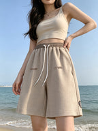Women's Quick-Dry Summer Shorts Suitable for S & Beach - Wide-Leg Swim Shorts with Height, Straight-Leg & Embroidery, Machine Washable Casual Shorts for, Clothing, American High Street Style - Khaki
