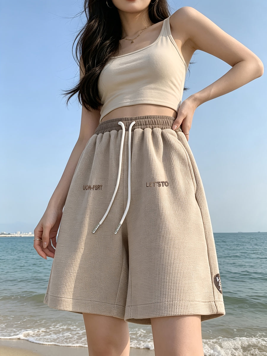 Women's Quick-Dry Summer Shorts Suitable for S & Beach - Wide-Leg Swim Shorts with Height, Straight-Leg & Embroidery, Machine Washable Casual Shorts for, Clothing, American High Street Style - Khaki