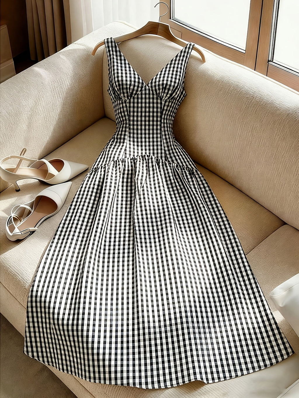 Women's Elegant Black & White Plaid V-Neck Sleeveless A-Line Dress with Backless Waist-Cinching - Bridesmaid Dress Suitable for Commuting, Dates, Weddings, Daily Wear, Machine Washable Office to Outfits - Black