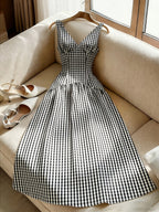 Women's Elegant Black & White Plaid V-Neck Sleeveless A-Line Dress with Backless Waist-Cinching - Bridesmaid Dress Suitable for Commuting, Dates, Weddings, Daily Wear, Machine Washable Office to Outfits - Black