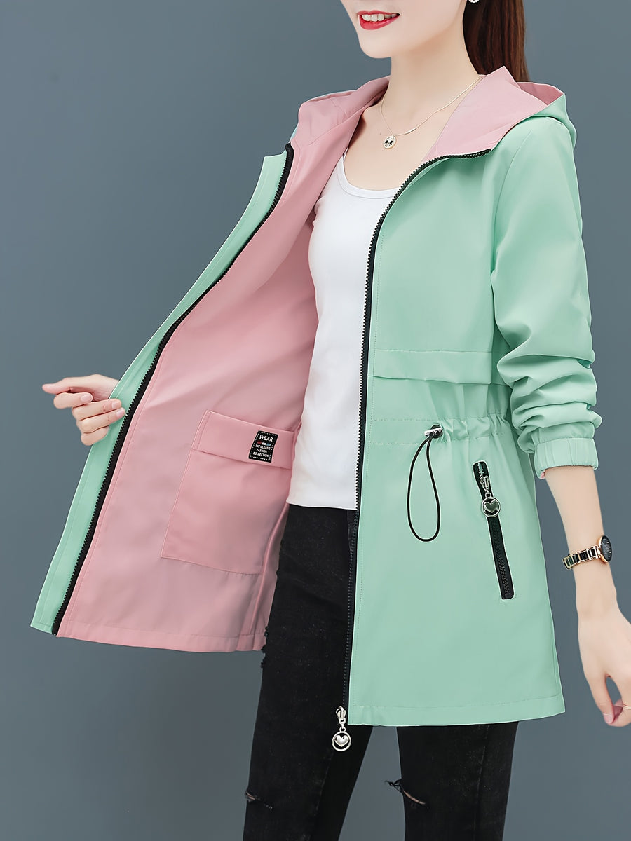 Reversible Women'S Trench Coat Jacket, Mid-Length Hooded Outerwear, Spring/Autumn Red And Green Contrast, Adjustable Waist Tie, Casual Elegant Outdoor Cardigan Top, Front Pocket Zipper Design, Non-Stretch Fabric, Fashionable Jacket - Pea Green Color