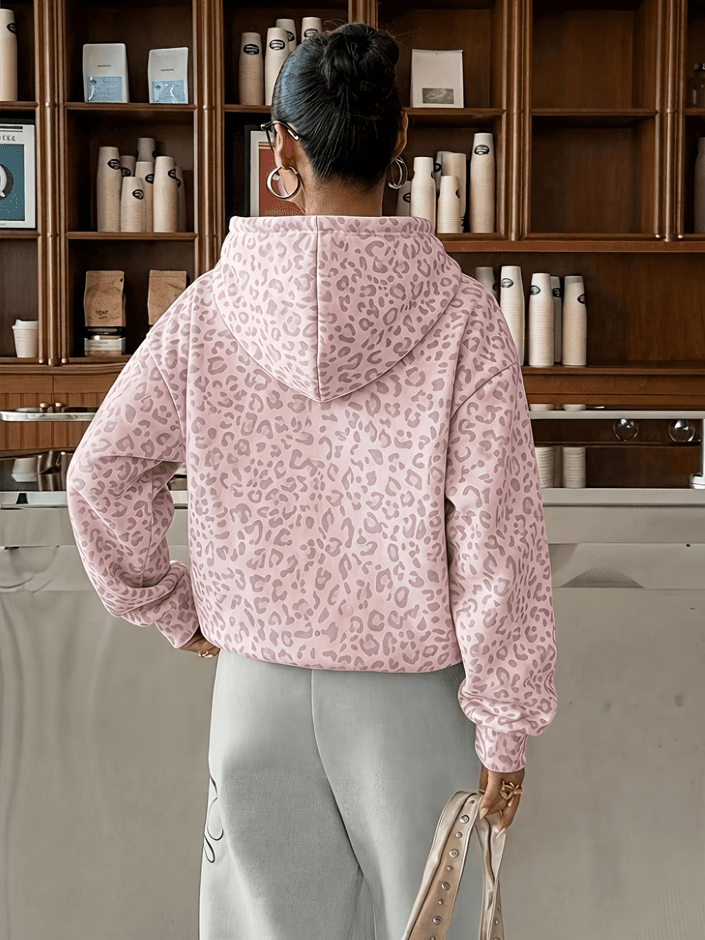 Women's Fashion Leopard Print Hoodie Sweatshirt - Pink Color