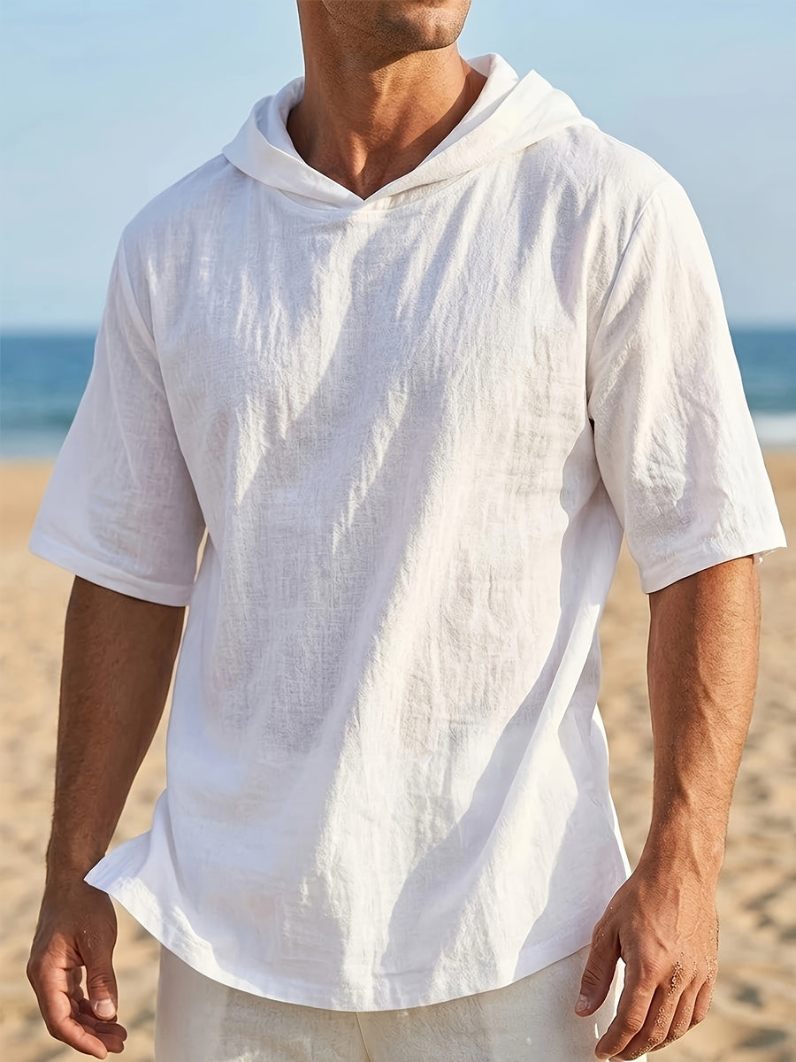 Men'S Linen Short-Sleeved Hoodie, Fashionable Men'S Top, Short-Sleeved Hoodie, Individual Trend, Comfortable And Breathable Fabric, Suitable for Outdoor Leisure, Camping, Vacation, Beach, Daily Street Wear - White