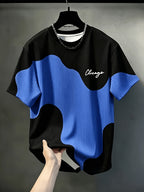 Men'S Casual Round Neck T-Shirt, Geometric Pattern Patchwork Striped Design, Chicago Word Pattern, Drapey Fashion Top, All-Season Wear, Breathable Regular Fit for Casual And Formal Outfits - Round Neck Casual Top - Blue