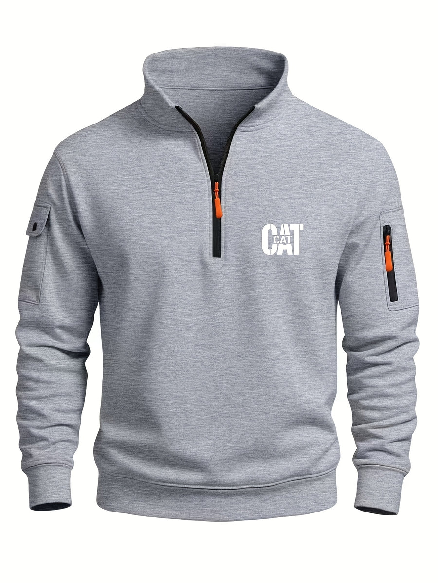 Spring and Autumn Men's Half-Zip Sweatshirt with Print, Loose Fit, Stand-Up Collar, Casual Sport Pullover - Light Gray 1