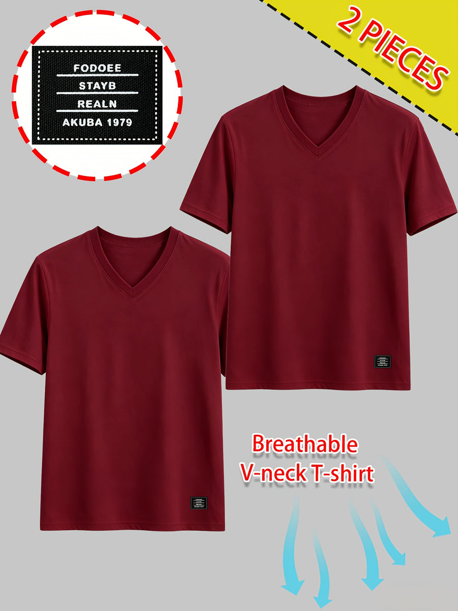 2pcs Men's 100% Cotton V-Neck T-Shirt - Breathable Short-Sleeve Solid Color Basic Tee Suitable for Summer Gym, Outdoor Sports & Casual Wear, Non-Stuffy Machine Washable Pure Cotton Shirts for Fitness and Everyday Activities - Burgundy